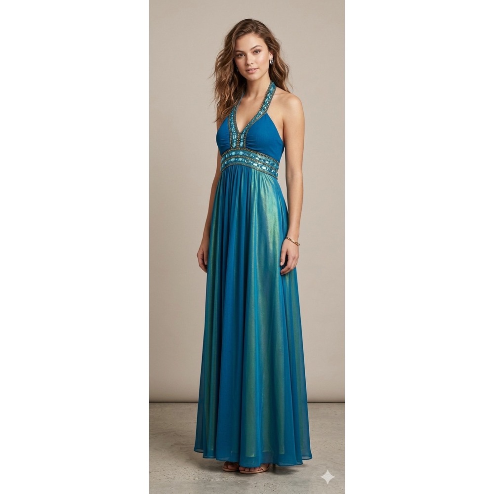 Vintage Cache Gown size 2 Teal Blue Iridescent Green Beaded Halter Dress y2k